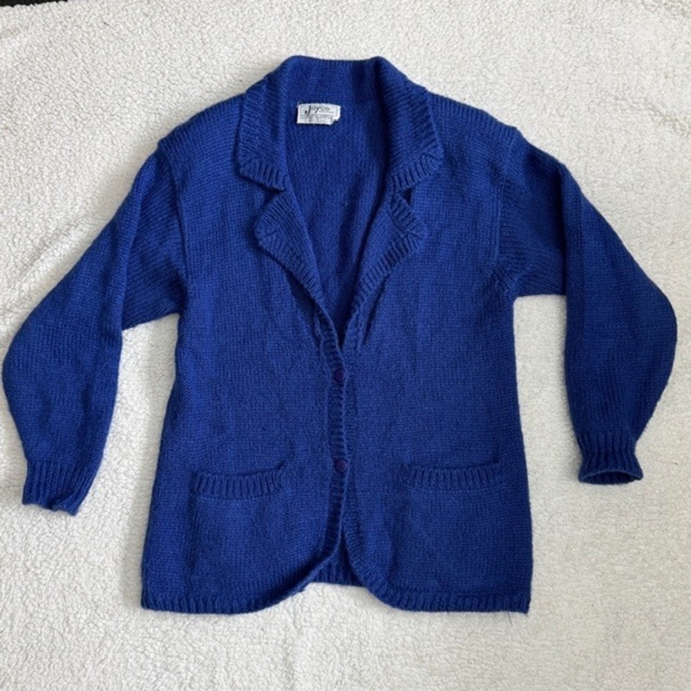 Vintage Joyce Sportswear Royal Blue Knit Cardigan Sweater Blazer Wool Blend L